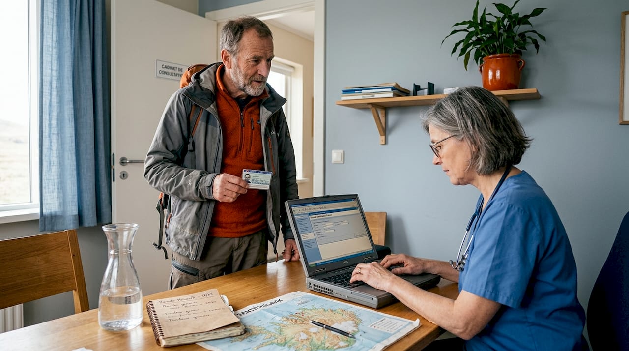 Un randonneur reçoit une consultation médicale dans une petite clinique au cœur d’un village islandais.