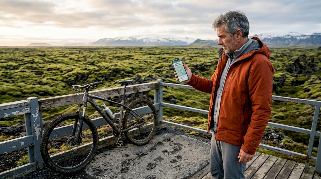 Viajero revisando un mapa en medio de los paisajes de Islandia