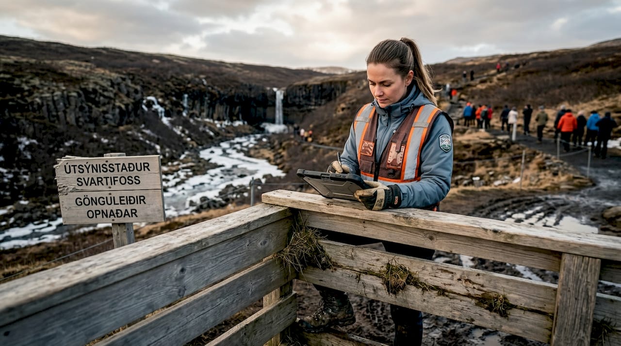 Un guardabosques supervisa y cuenta a los visitantes en un mirador de Islandia.