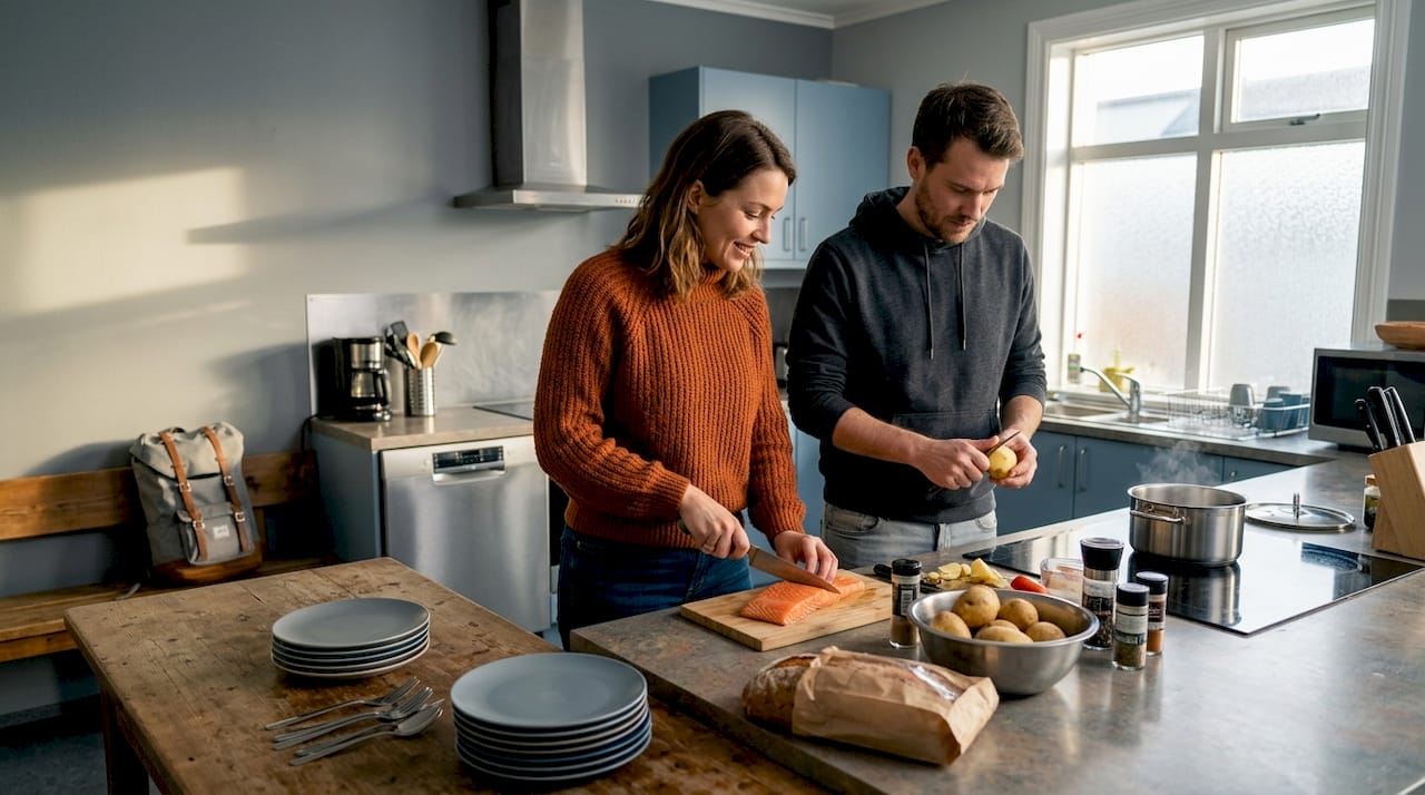 In una cucina di ostello in Islanda, viaggiatori di tutto il mondo si ritrovano a preparare insieme la cena, scambiando ricette e storie davanti ai fornelli.