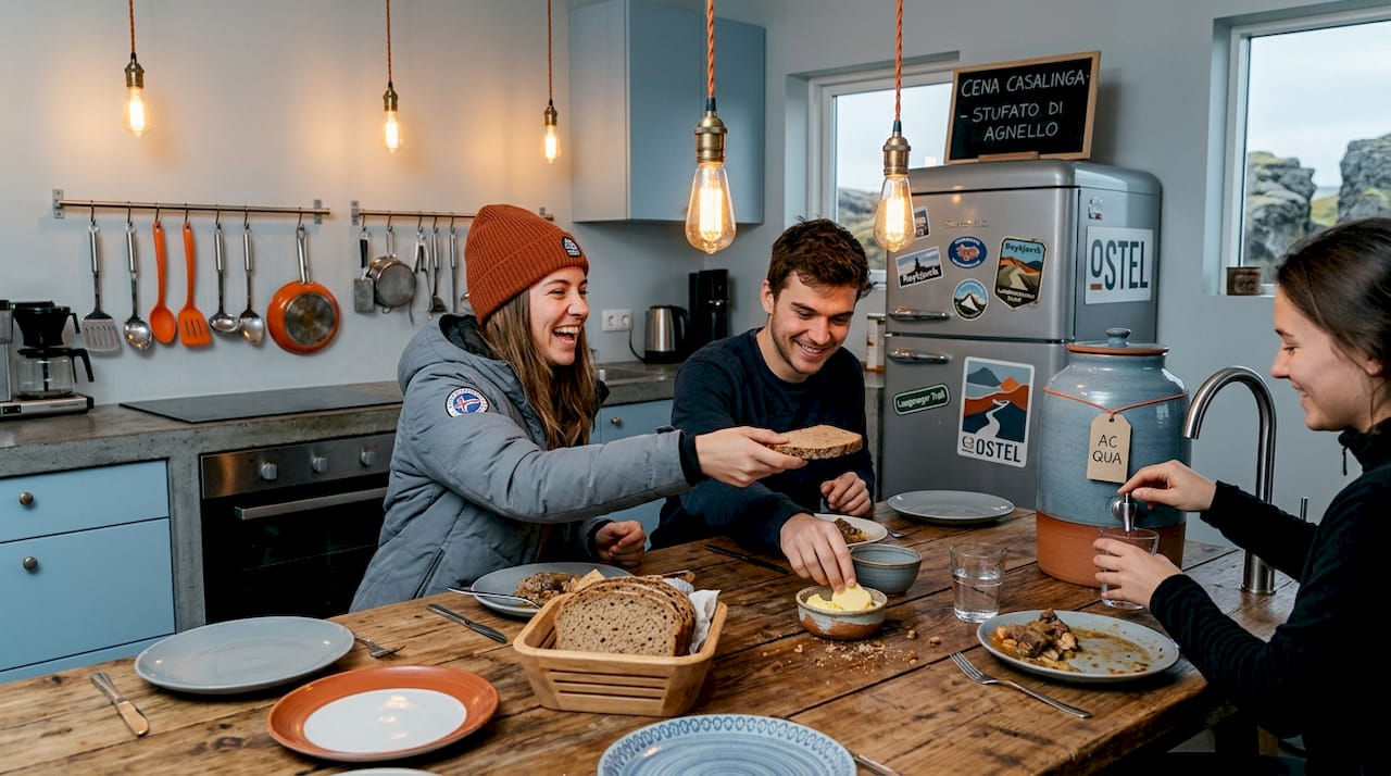 Viaggiatori che si ritrovano nella cucina di un ostello per condividere un pasto e raccontarsi storie da tutto il mondo.