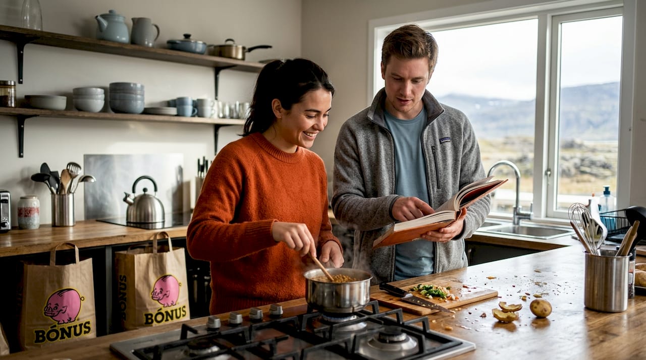 Travelers cooking together in hostel kitchen