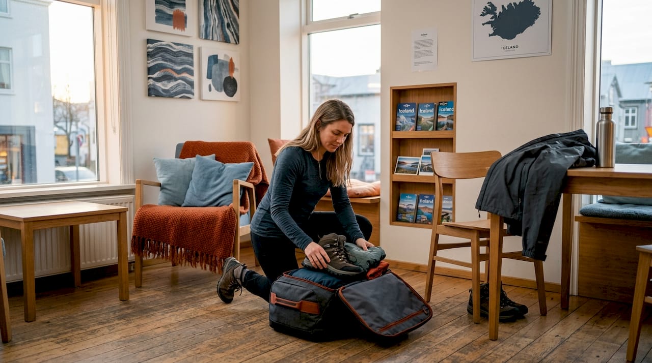 Traveler packing for Iceland hostel stay