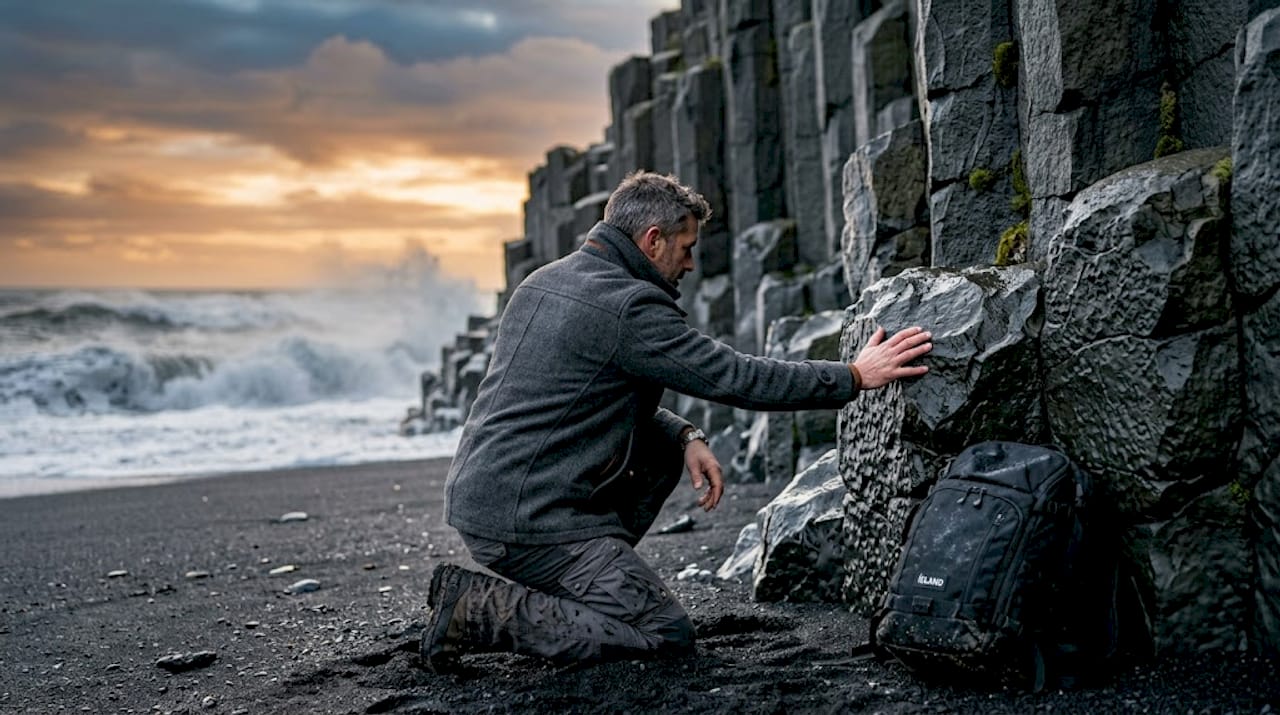 Hombre observando de cerca las columnas de basalto en Islandia