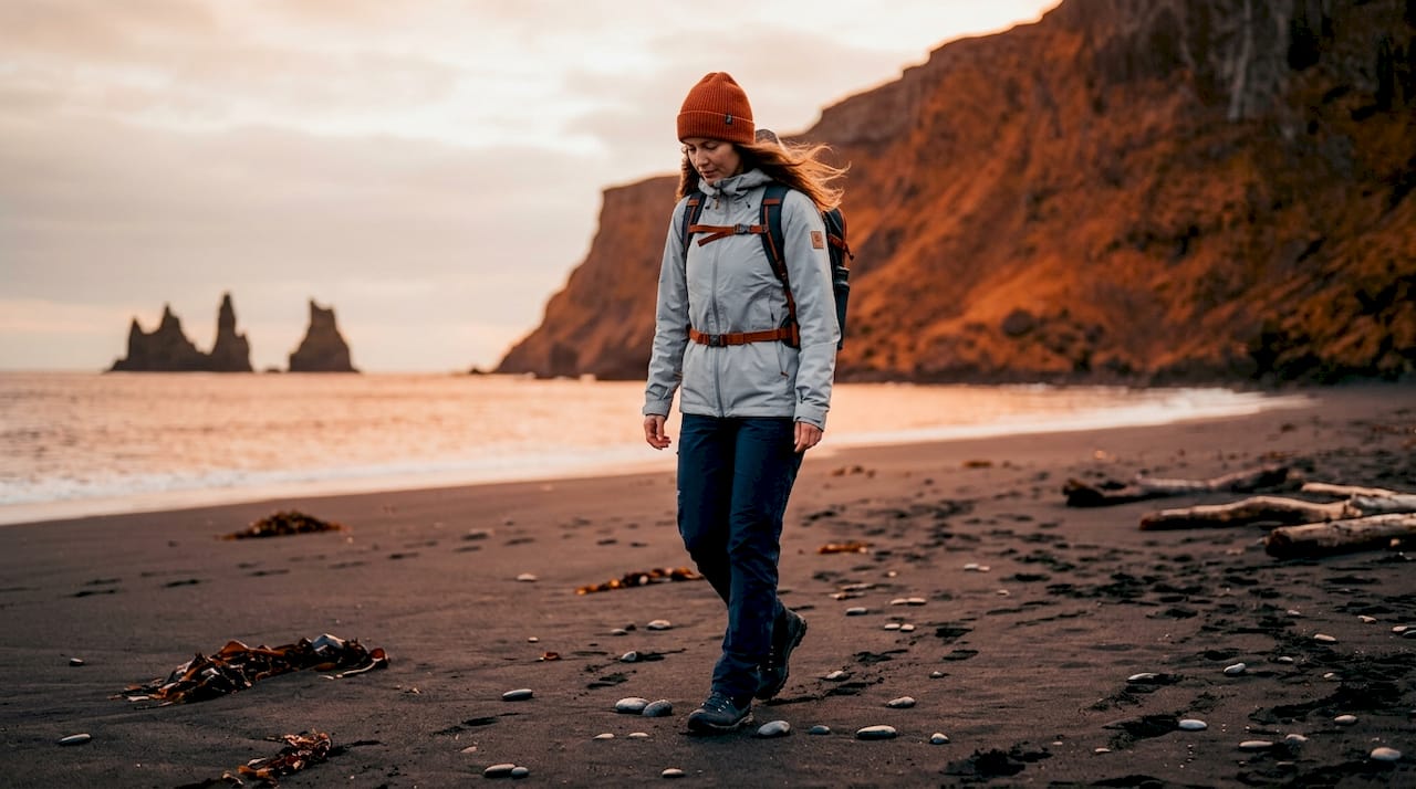 Una mujer pasea por la playa de arena negra en Islandia.