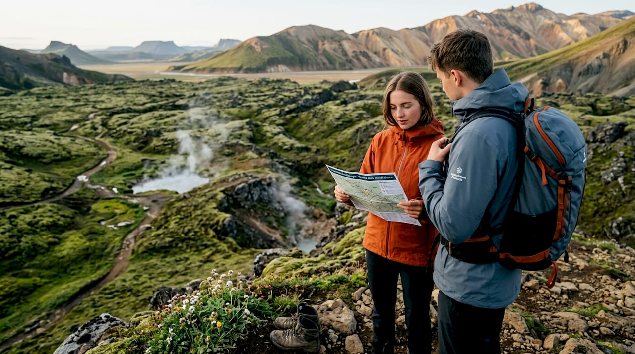 Des randonneurs étudient leur itinéraire avant de partir explorer les paysages sauvages de Landmannalaugar, en Islande.
