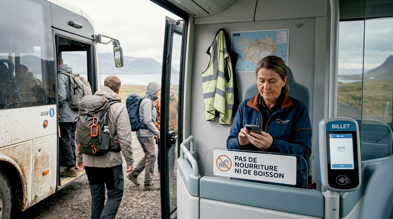 À un arrêt perdu au cœur de la campagne islandaise, un chauffeur de bus consulte son planning pour vérifier la suite de sa tournée.