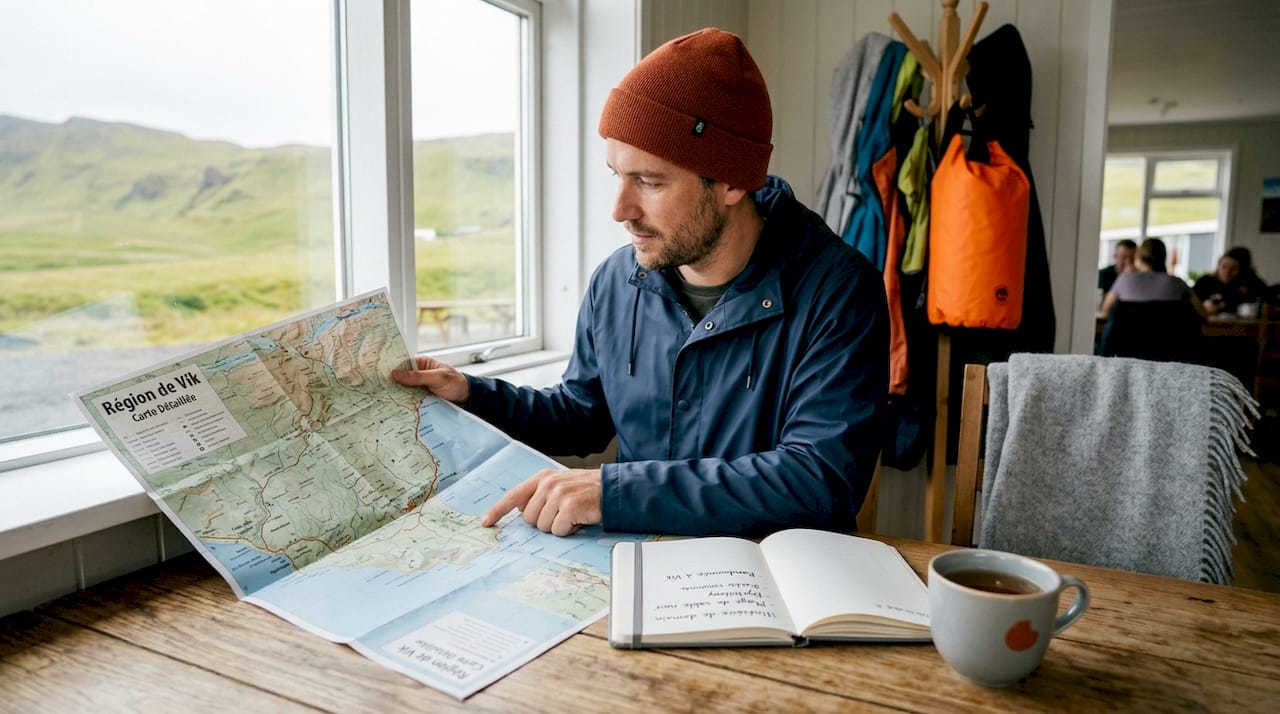 Un voyageur scrute sa carte à Vík, au cœur de l’Islande.