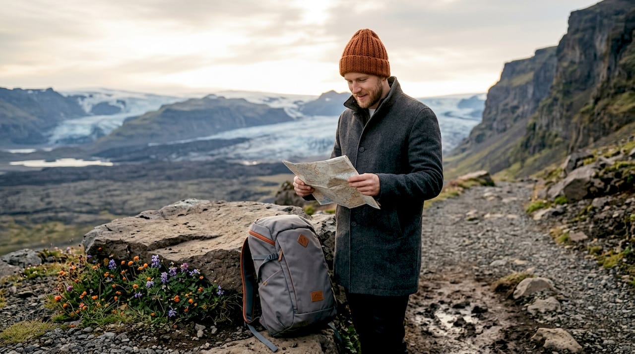 Senderista recorriendo un paraje natural en Islandia