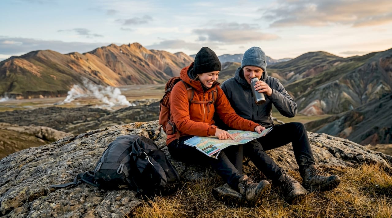 Travelers outside Icelandic nature hostel with landscape