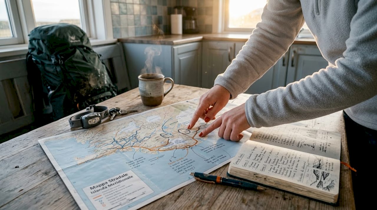 Mani che tracciano un itinerario sulla mappa della costa sud dell’Islanda