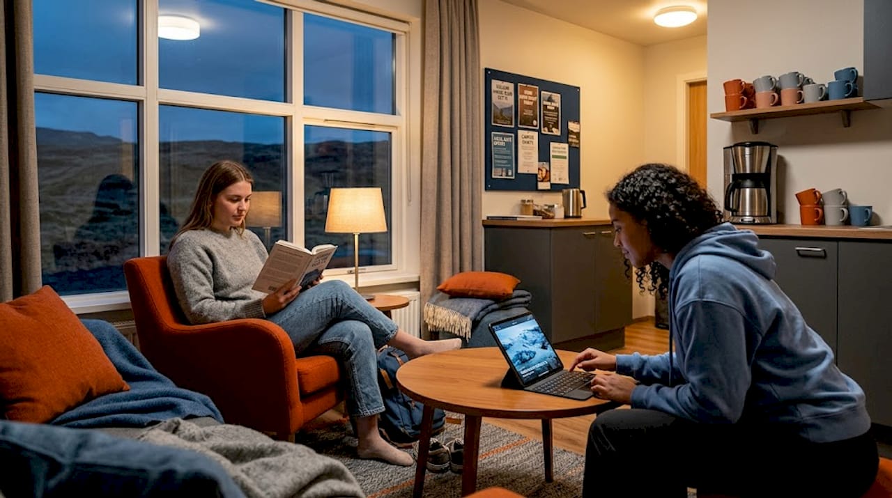 Students using communal dorm lounge