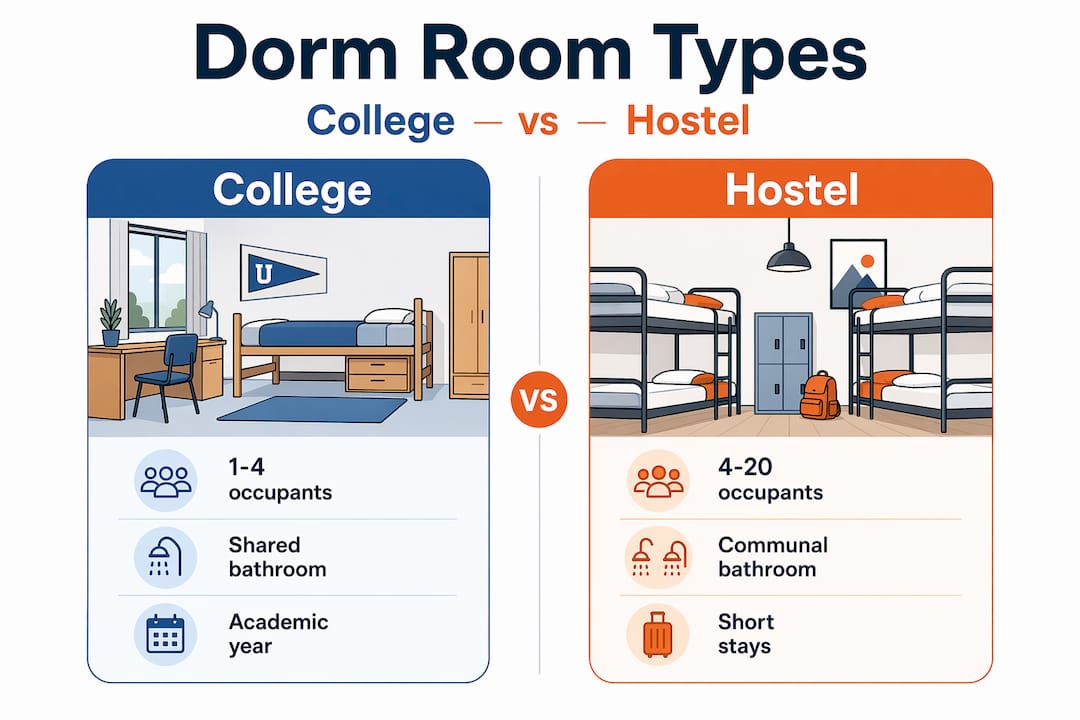 Infographic comparing college and hostel dorms