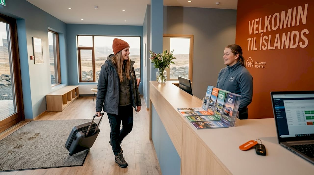 Una giovane viaggiatrice arriva in un ostello dal design moderno e viene accolta calorosamente alla reception.
