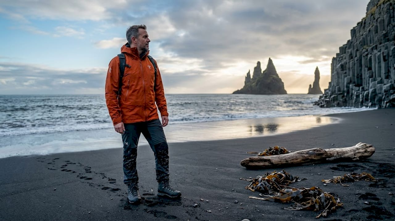 Un promeneur solitaire sur la plage de sable noir de Reynisfjara, en Islande.