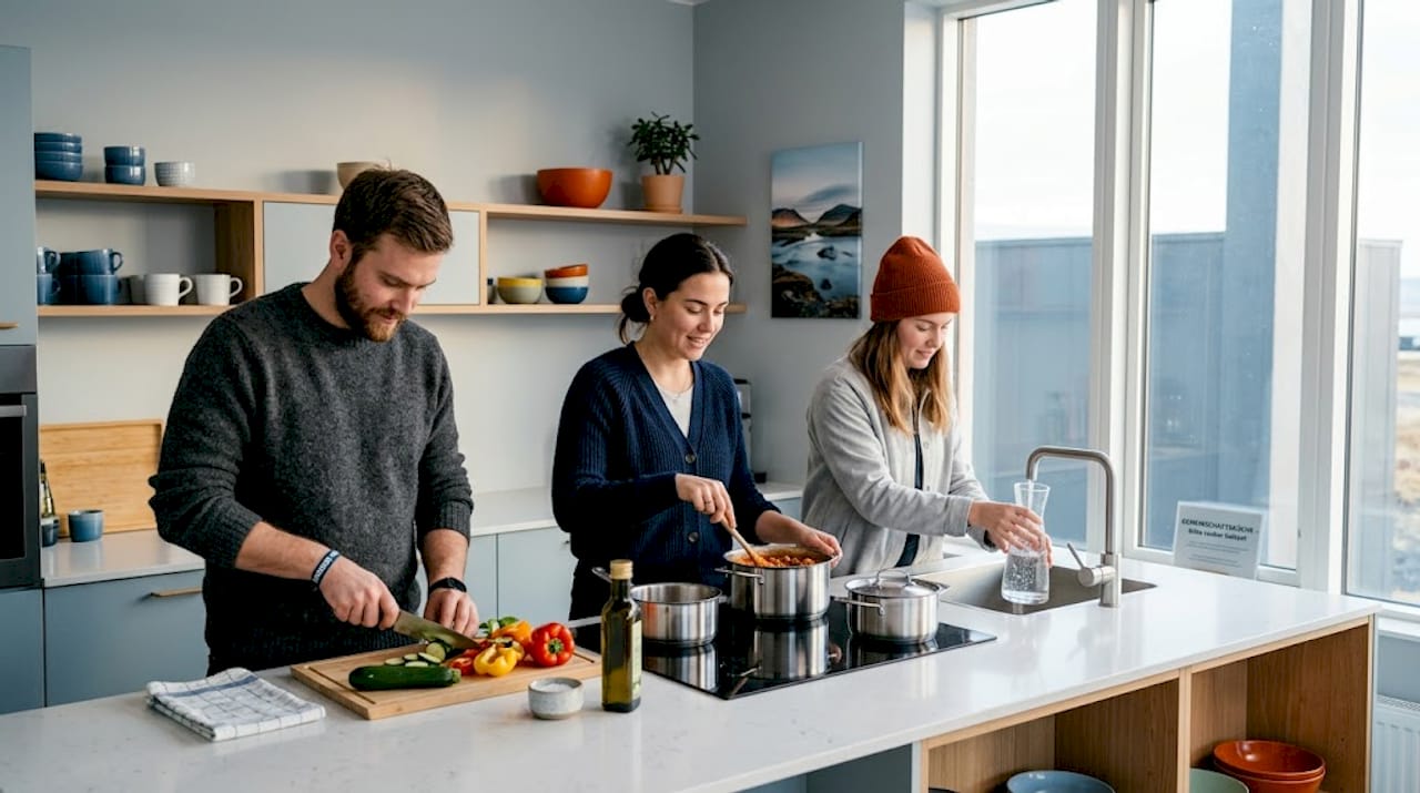 In der Hostel-Küche kommen Reisende aus aller Welt zusammen, schnippeln gemeinsam Gemüse, tauschen Rezepte aus und genießen das Kochen in entspannter Atmosphäre.
