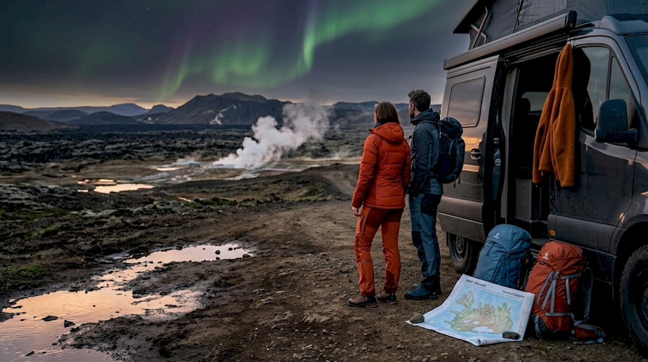 Un grupo de aventureros observa maravillado el impresionante paisaje volcánico de Islandia, rodeados de fumarolas y tierras de lava.