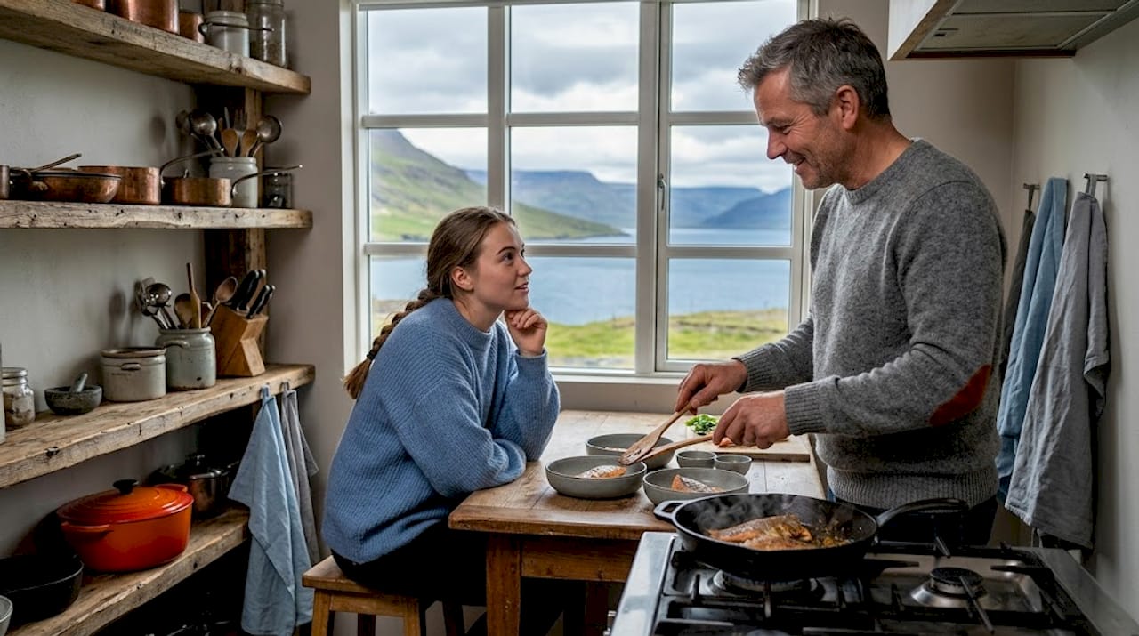 Un islandés y un turista disfrutan juntos de una comida casera