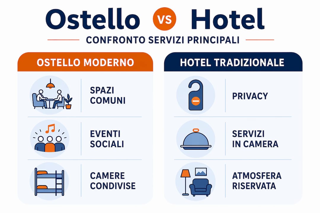 Infografica: differenze tra ostello moderno e hotel tradizionale
