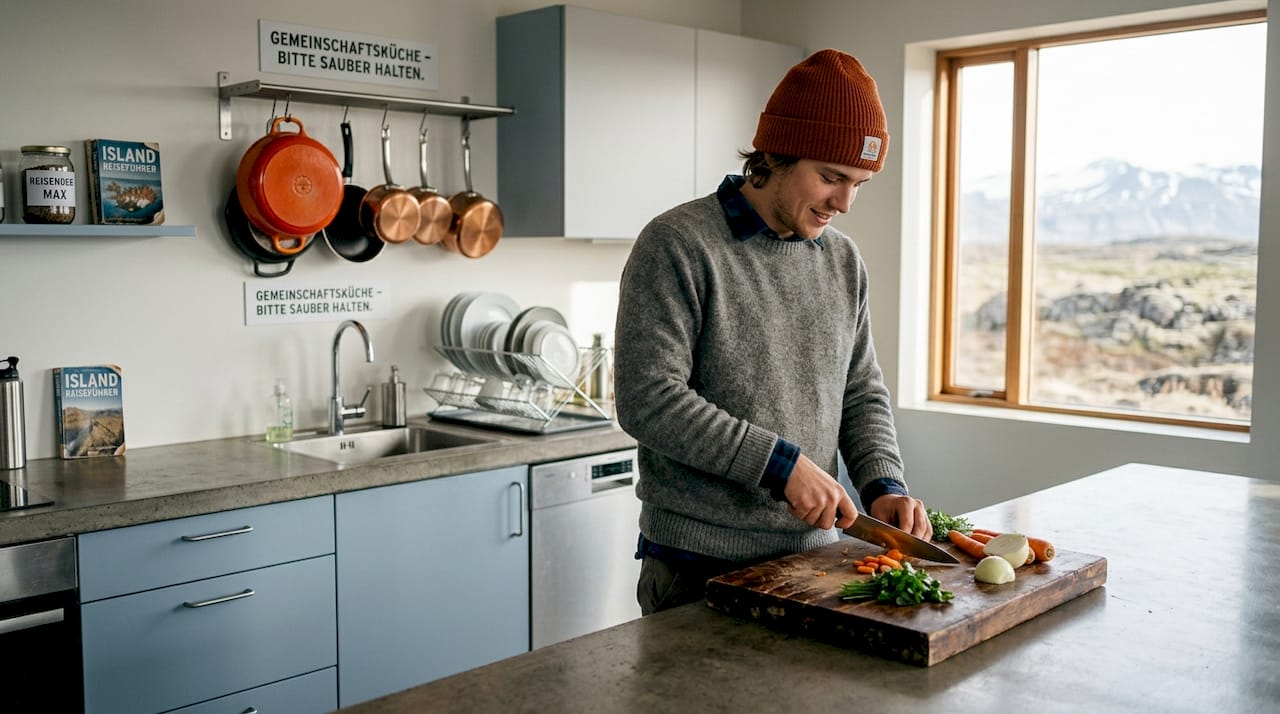 Ein Backpacker bereitet sein Abendessen in der Gemeinschaftsküche des Hostels zu.