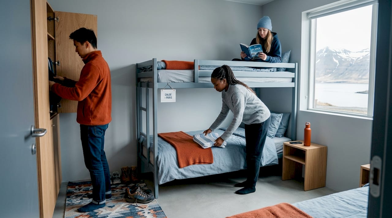 Des jeunes globe-trotteurs prennent leurs marques dans un dortoir d’auberge de jeunesse.