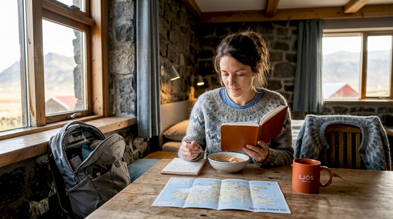 Une voyageuse en solo prend son repas dans la cuisine commune de l’auberge.