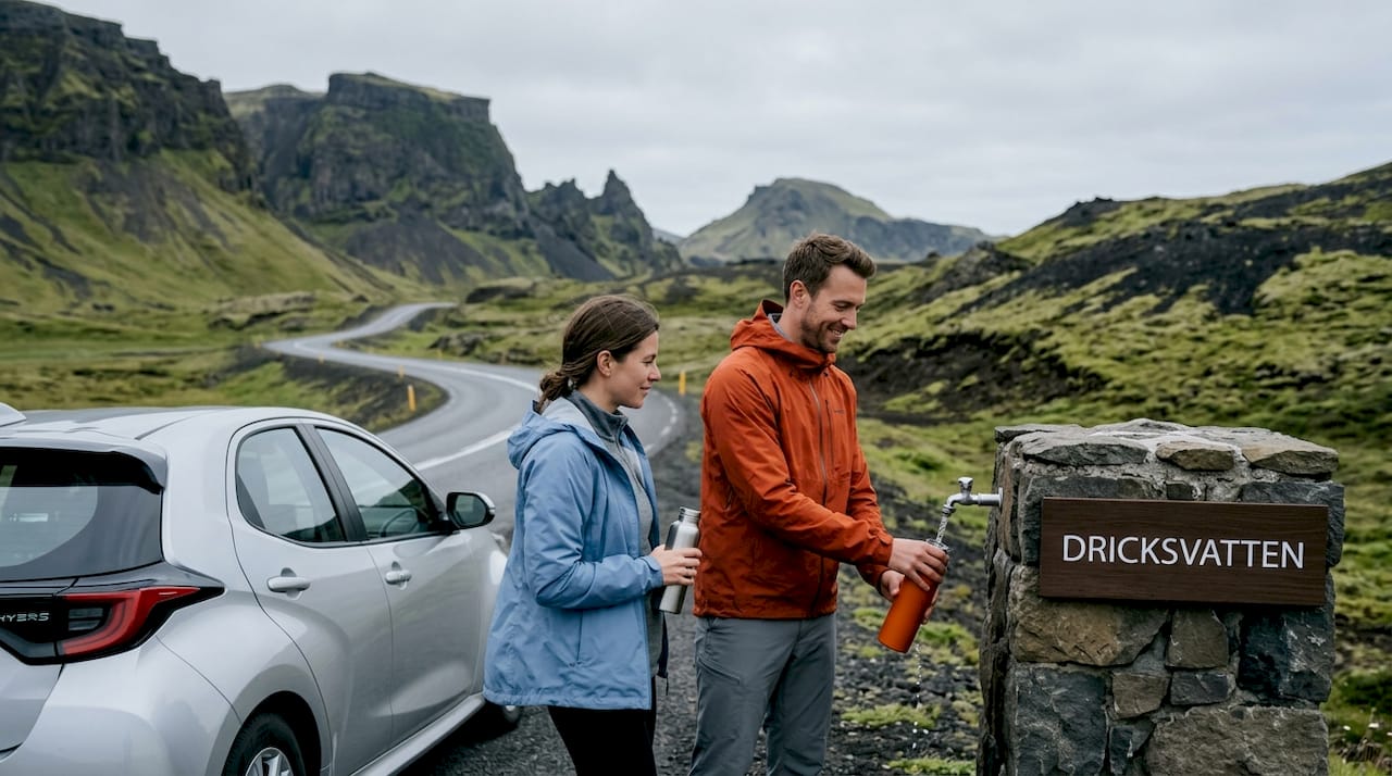 Travelers refill bottles near lava field