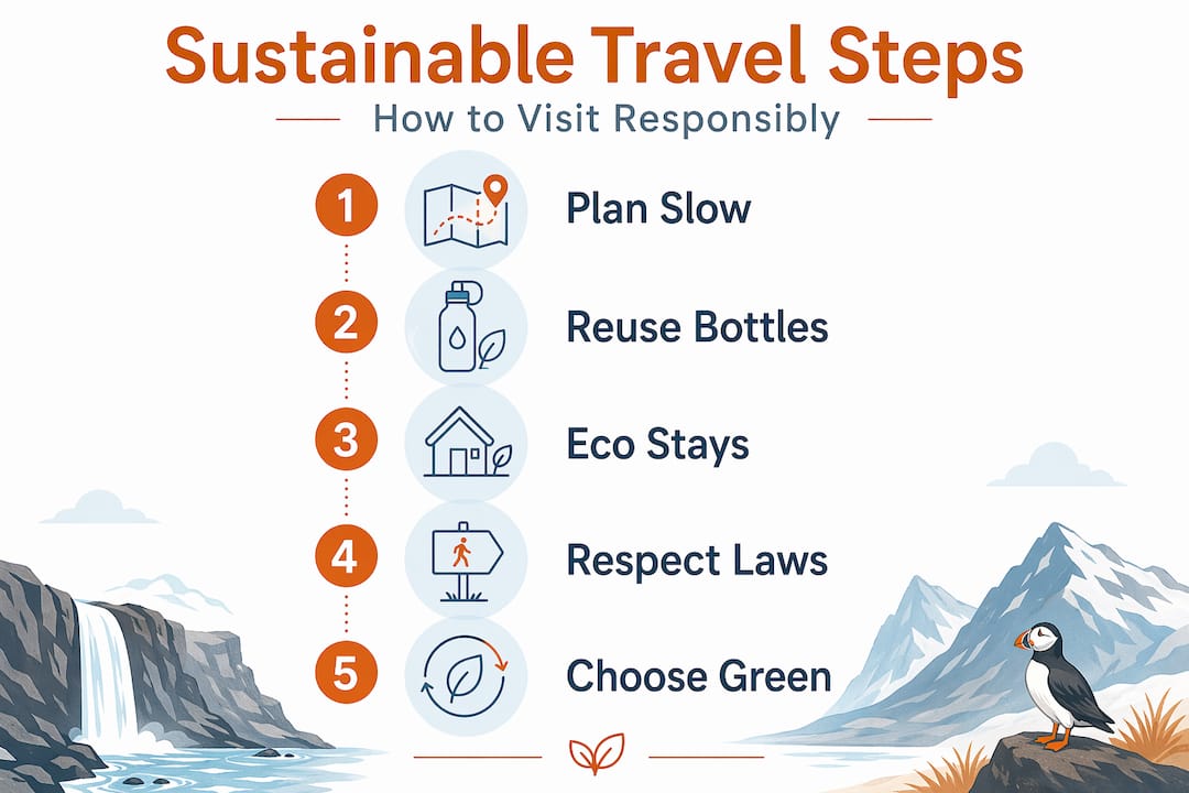 Infographic outlining sustainable travel steps in Iceland