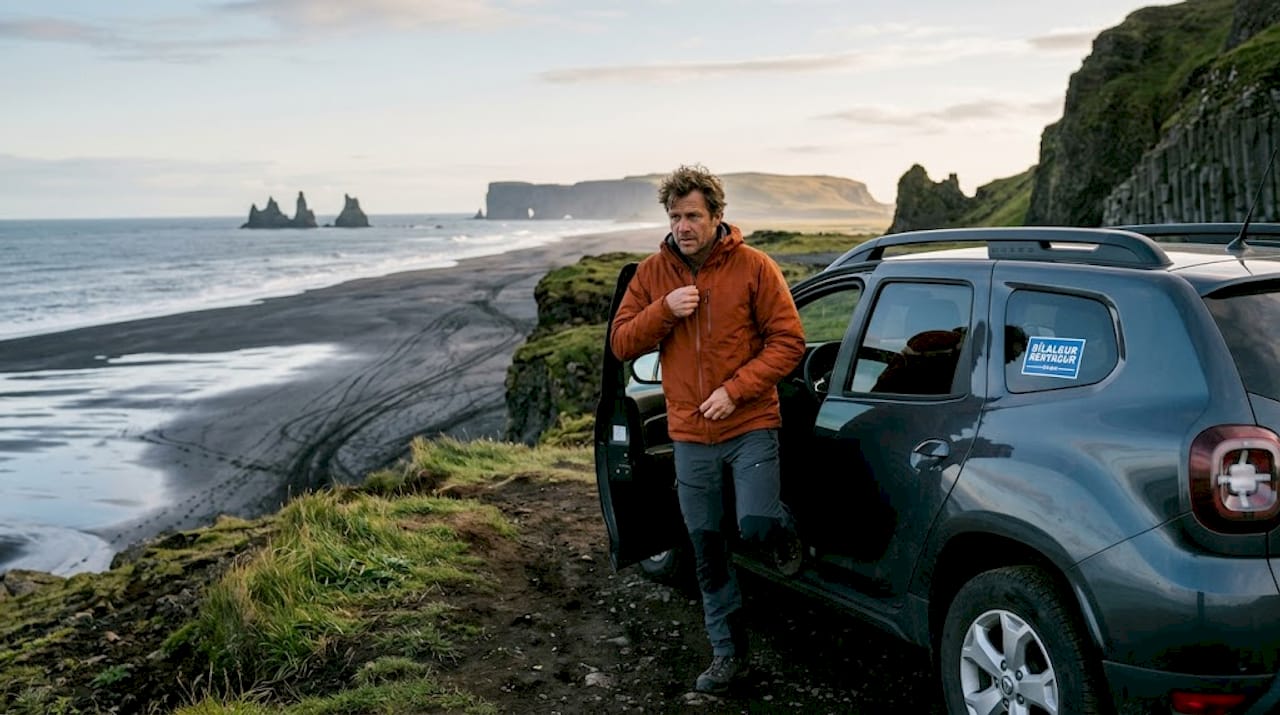 Viajero llegando a la playa de Vík