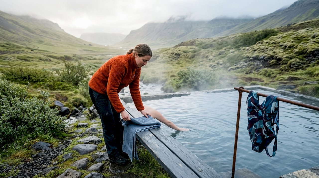 Une femme s’aventure à toucher l’eau bouillonnante d’une source chaude en Islande.