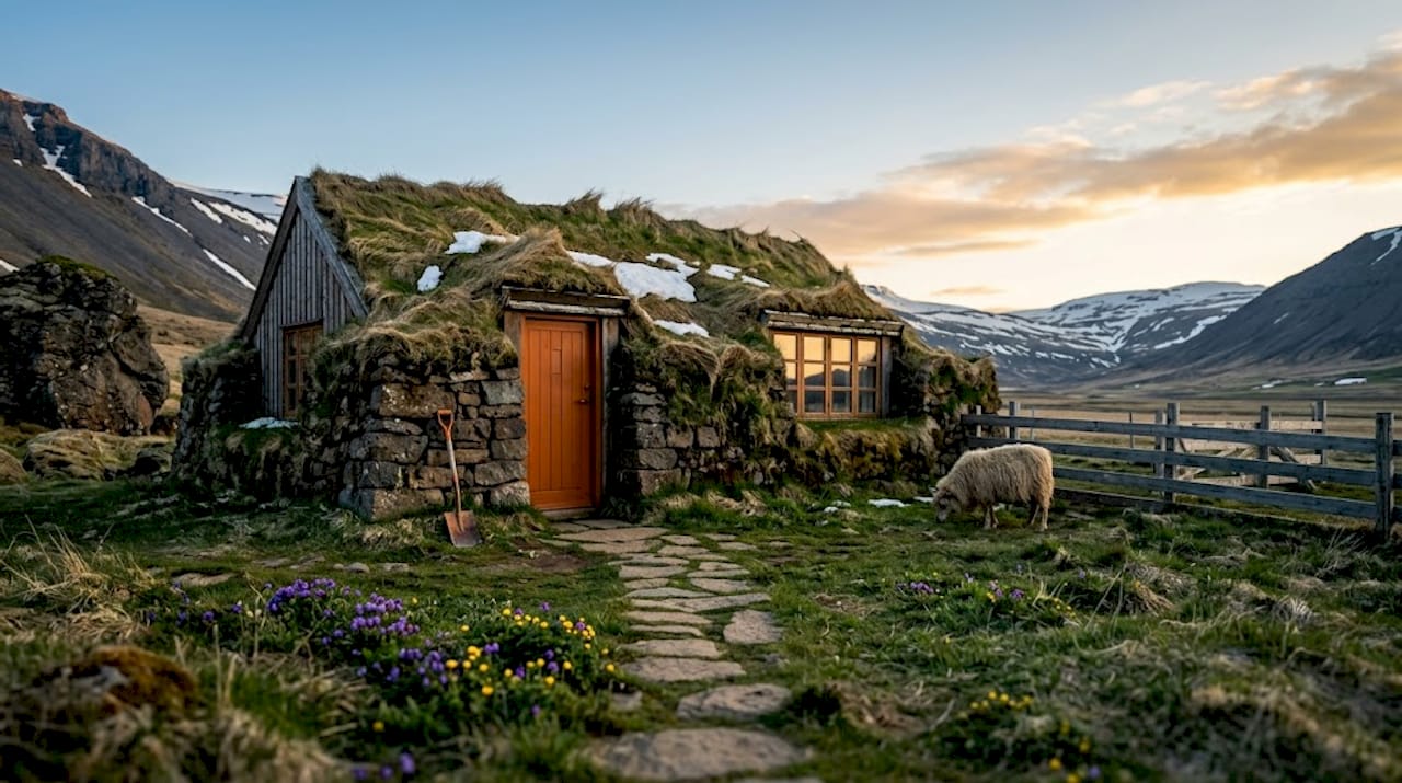 Turf-roof Icelandic farmhouse in rural landscape