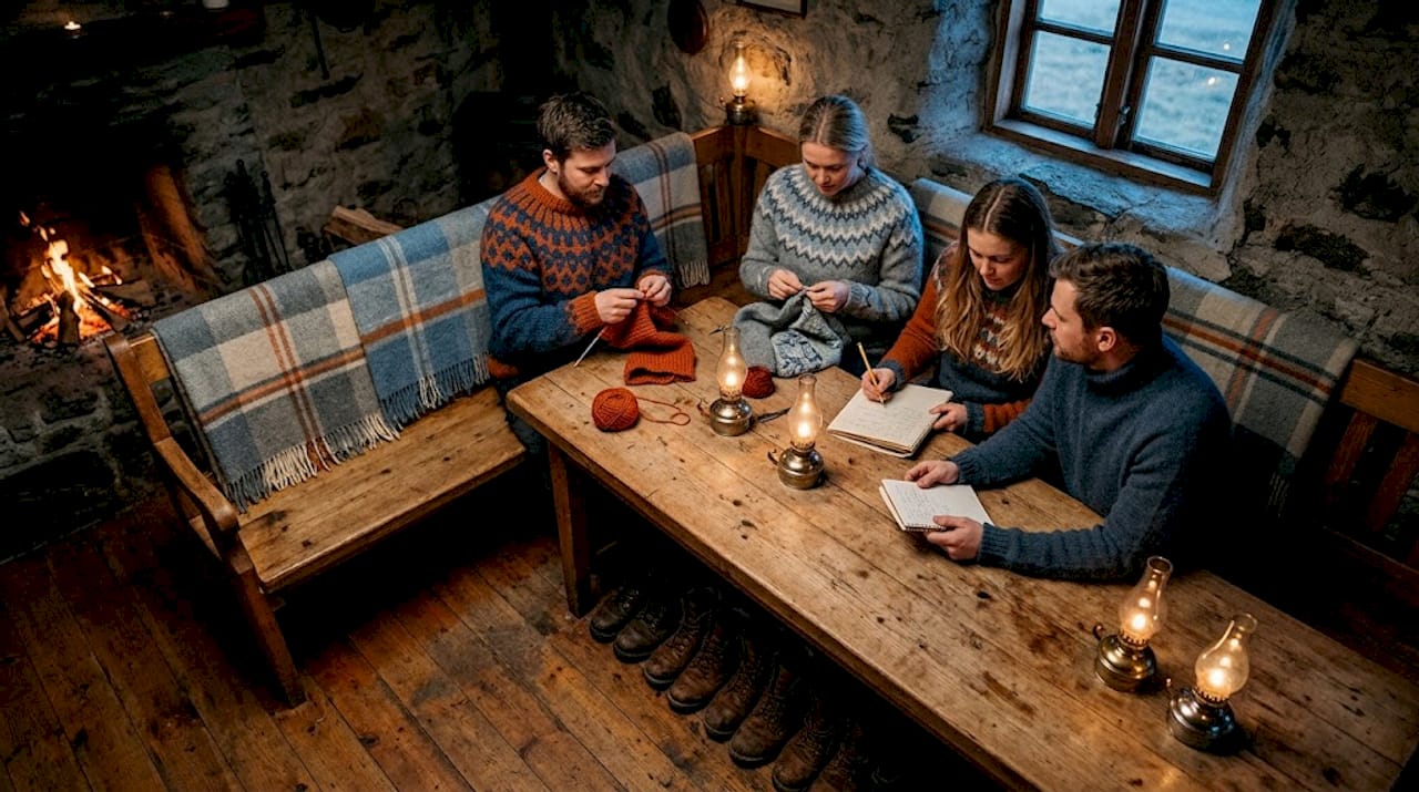 People crafting in traditional Icelandic farmhouse room
