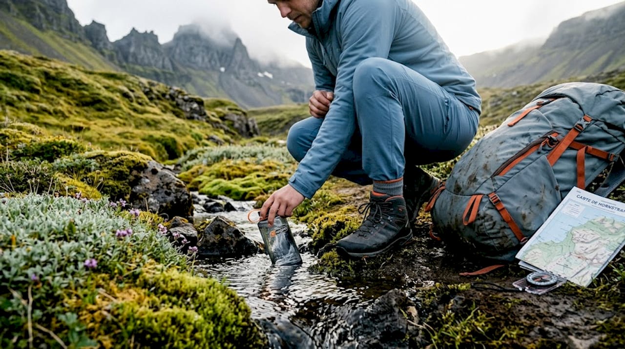 Randonneur au bord d'un ruisseau, au cœur d'un fjord sauvage en Islande