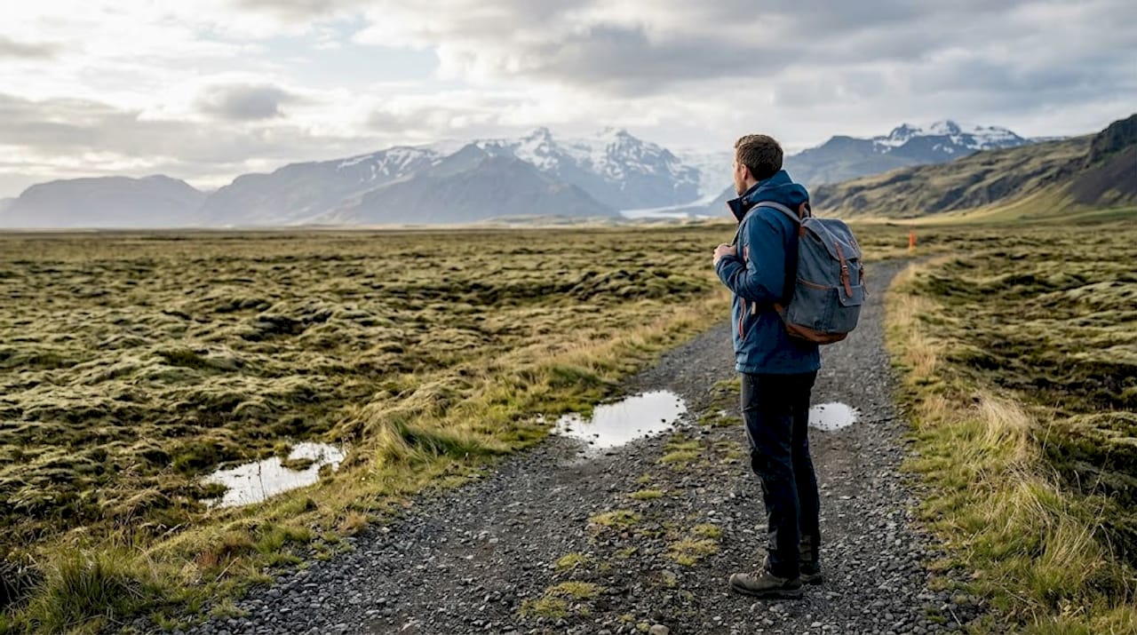 Un voyageur contemple paisiblement les paysages majestueux de l’Islande, plongé dans la sérénité qui règne autour de lui.