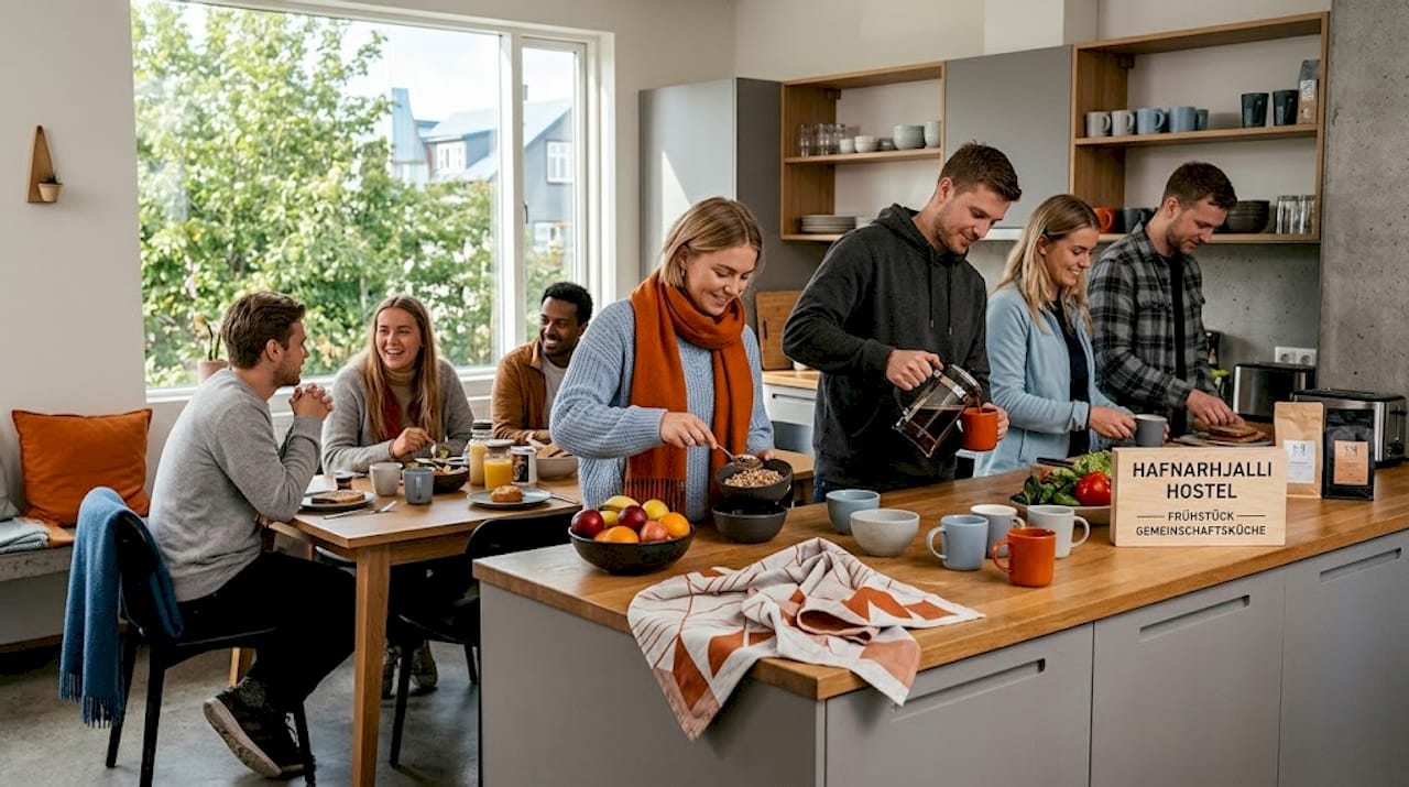 Die Reisegruppe startet den Tag gemeinsam mit einem Frühstück in der Hostel-Küche.