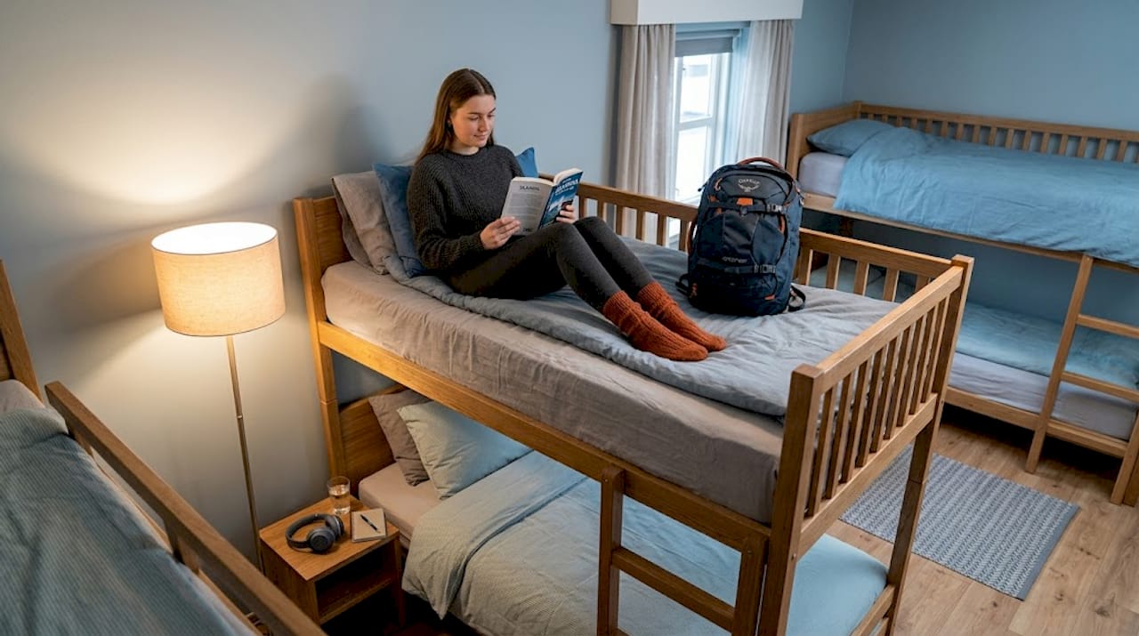 Viajero relajándose tranquilamente en la habitación compartida de un hostel