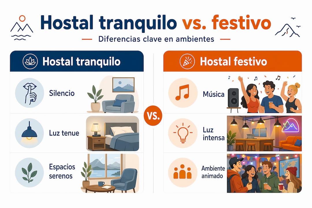 Infografía comparativa: hostel tranquilo vs. hostel fiestero