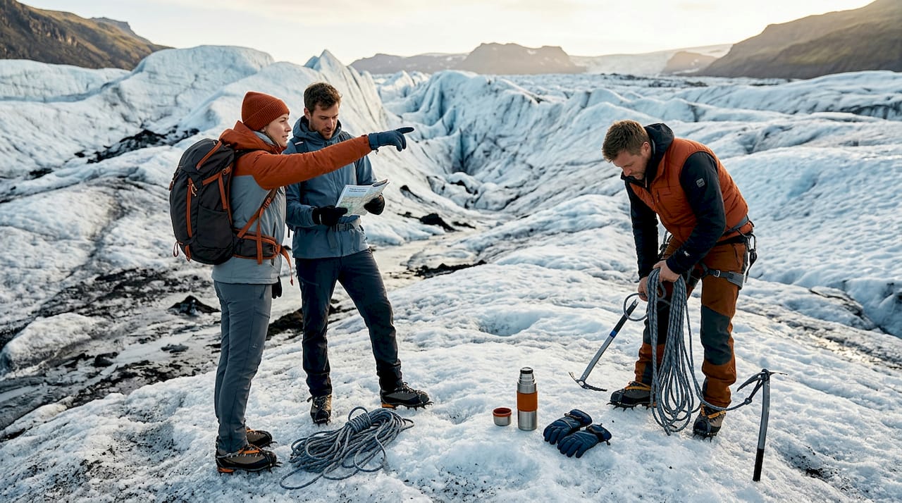 Escursionisti accompagnati da una guida durante la salita sul ghiacciaio Sólheimajökull