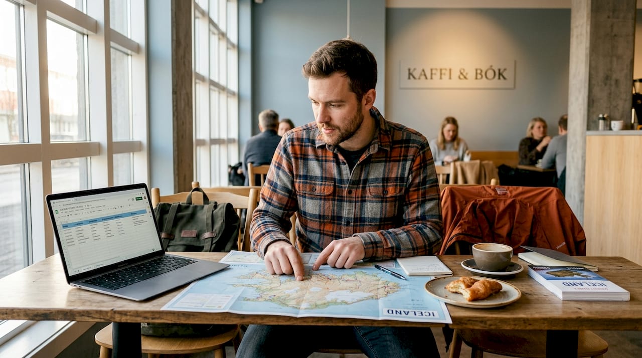 Man updating Iceland trip itinerary map
