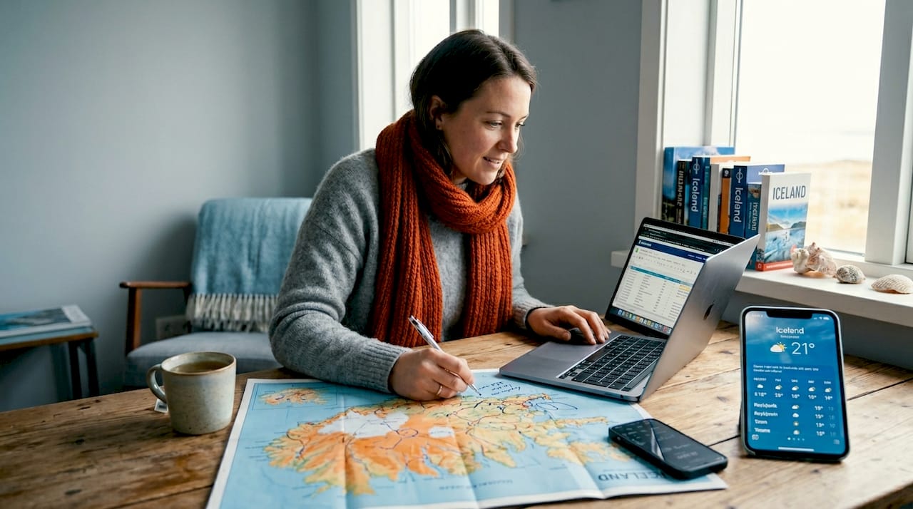 Woman planning Iceland trip at kitchen table