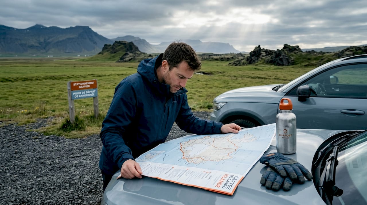 Un étudiant en voyage consulte une carte aux alentours de Vík, en Islande.