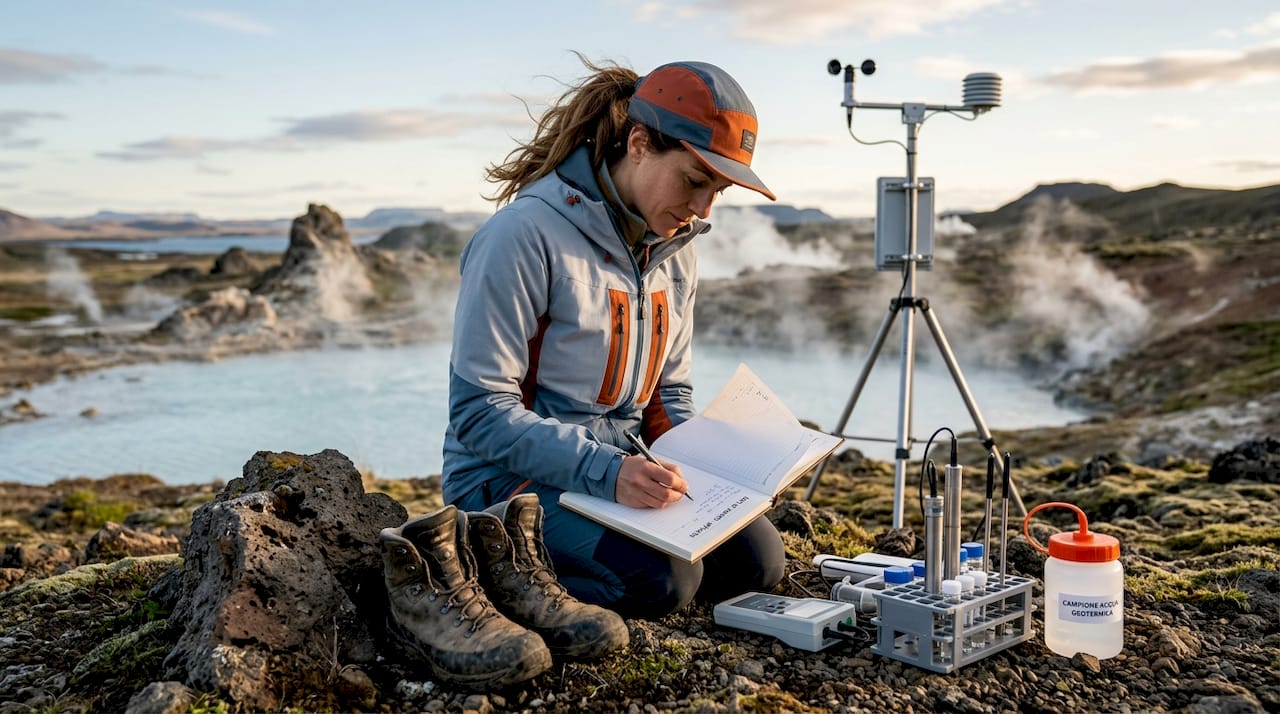Una ricercatrice sta svolgendo delle rilevazioni scientifiche lungo le sponde di un lago.