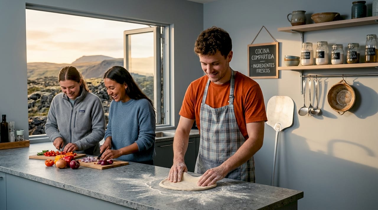Tanto el personal del hostal como los huéspedes se animan a preparar pizzas juntos, creando un ambiente muy cercano y divertido.