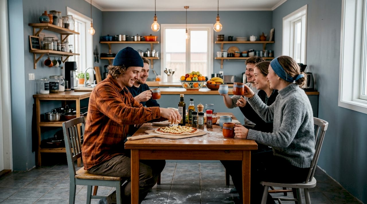 Viajeros de diferentes lugares se reúnen en el hostel para disfrutar de una noche de pizza juntos.