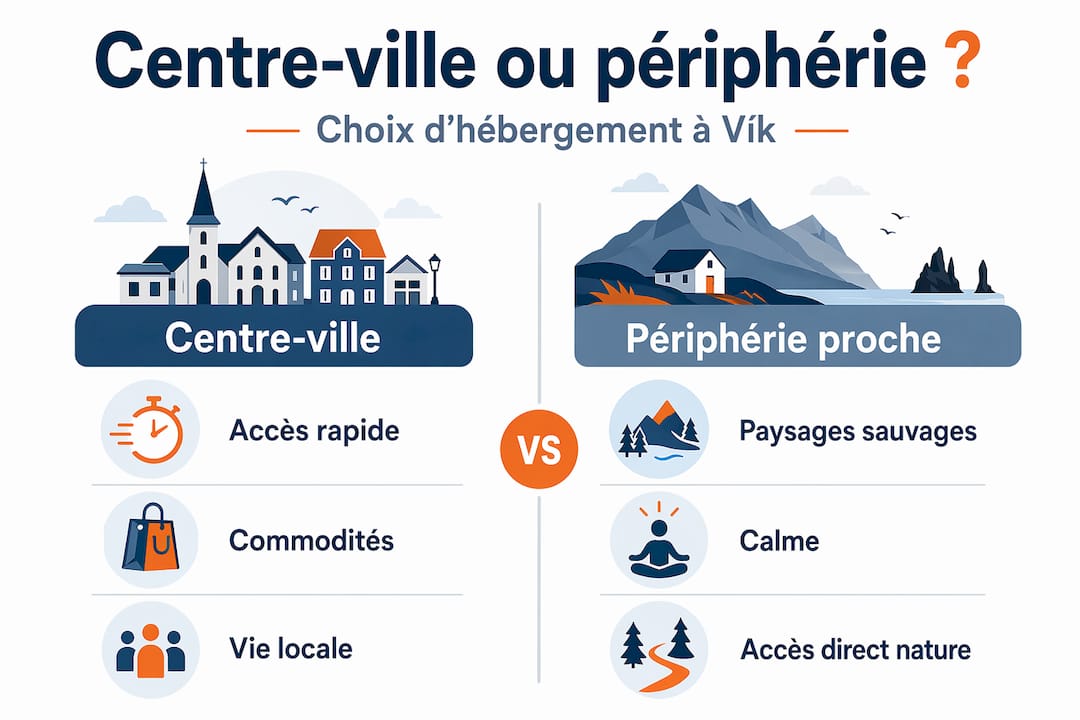 Infographie : vivre au centre-ville ou en périphérie à Vík – comment faire le bon choix ?