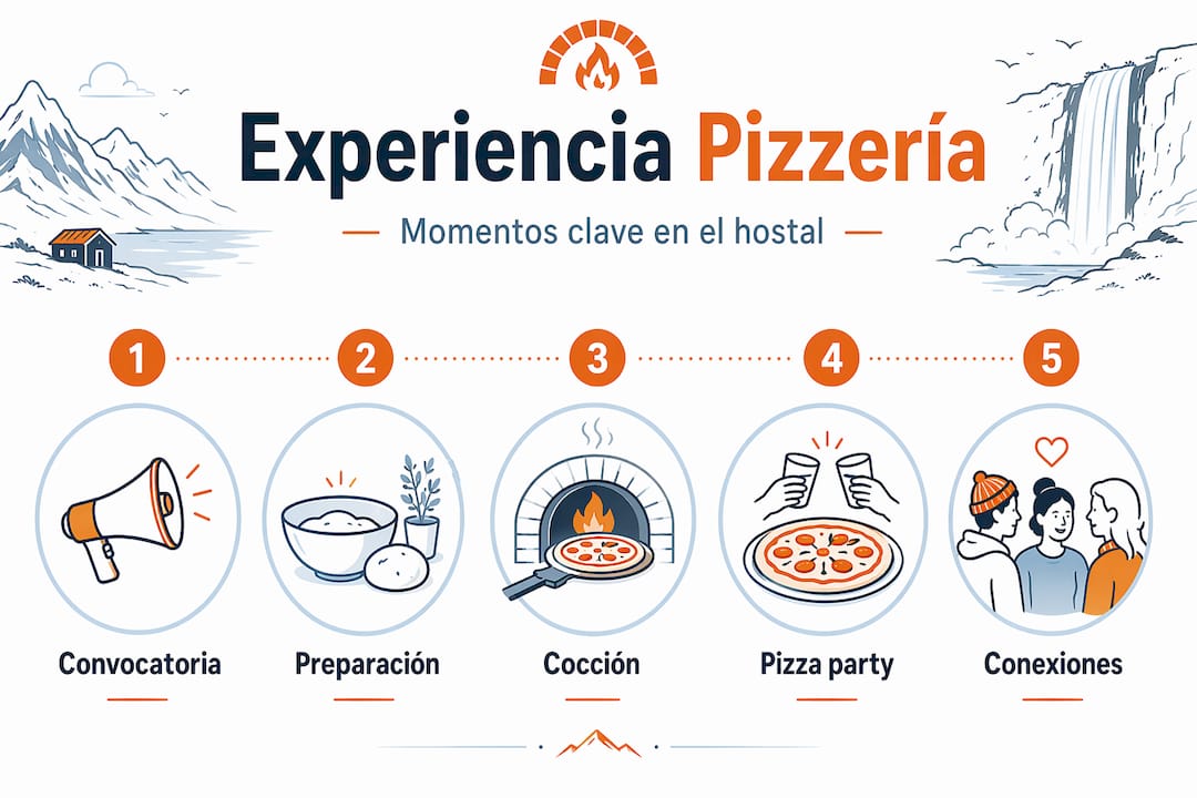 Infografía vertical que muestra las etapas clave en la experiencia de una pizzería