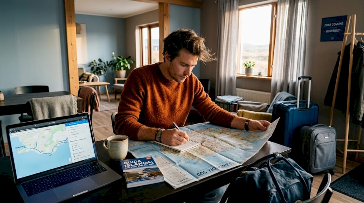 Un viaggiatore seduto al tavolo della guesthouse studia la mappa e pianifica il prossimo itinerario.