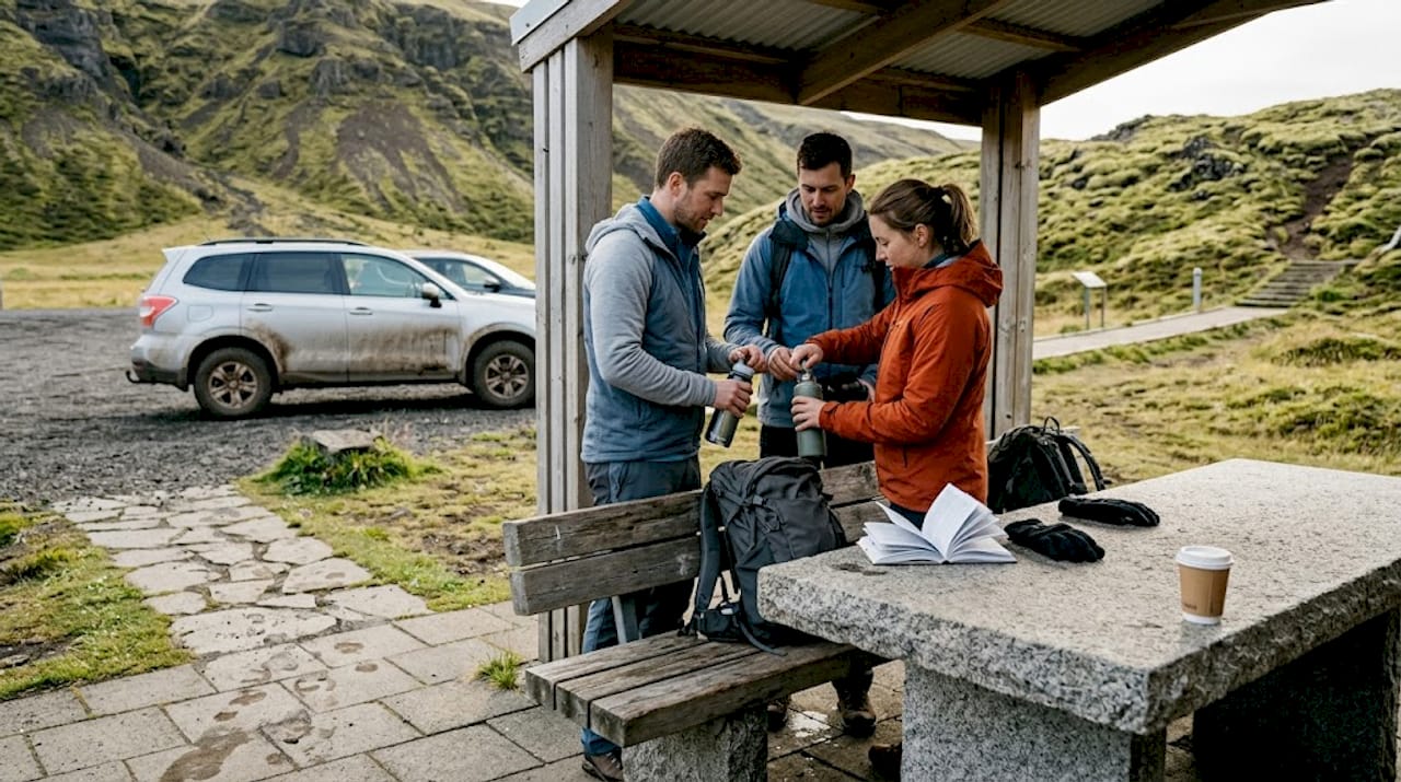Avant de partir en randonnée, des marcheurs profitent d’une pause pique-nique à Skaftafell.