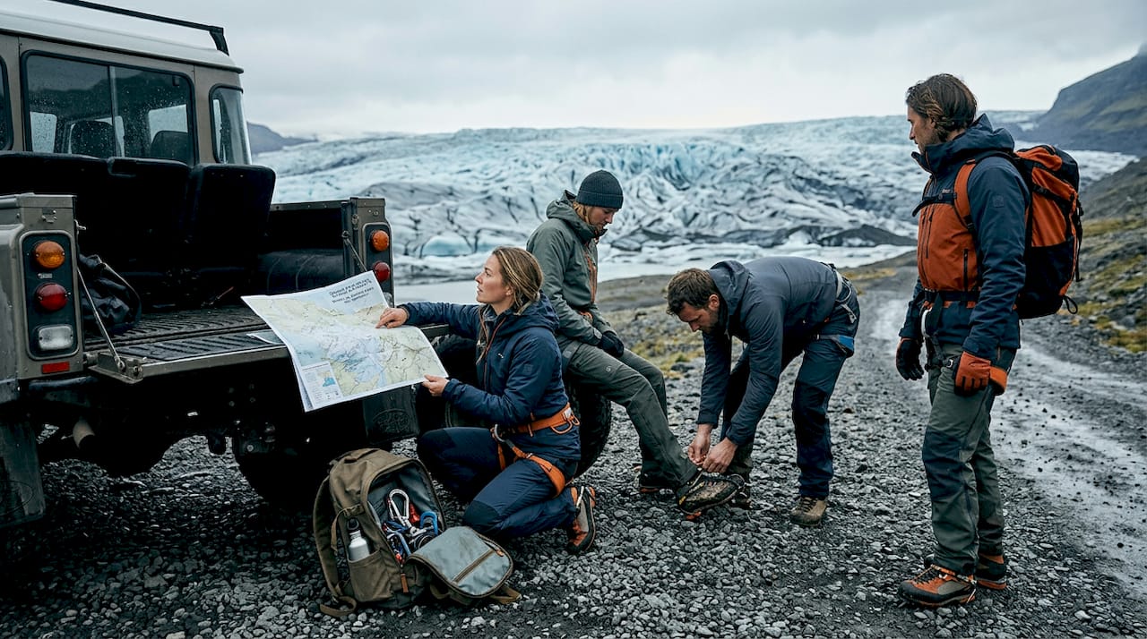 Des aventuriers s’affairent à préparer leur matériel au pied du Vatnajökull avant de partir à la découverte du glacier.