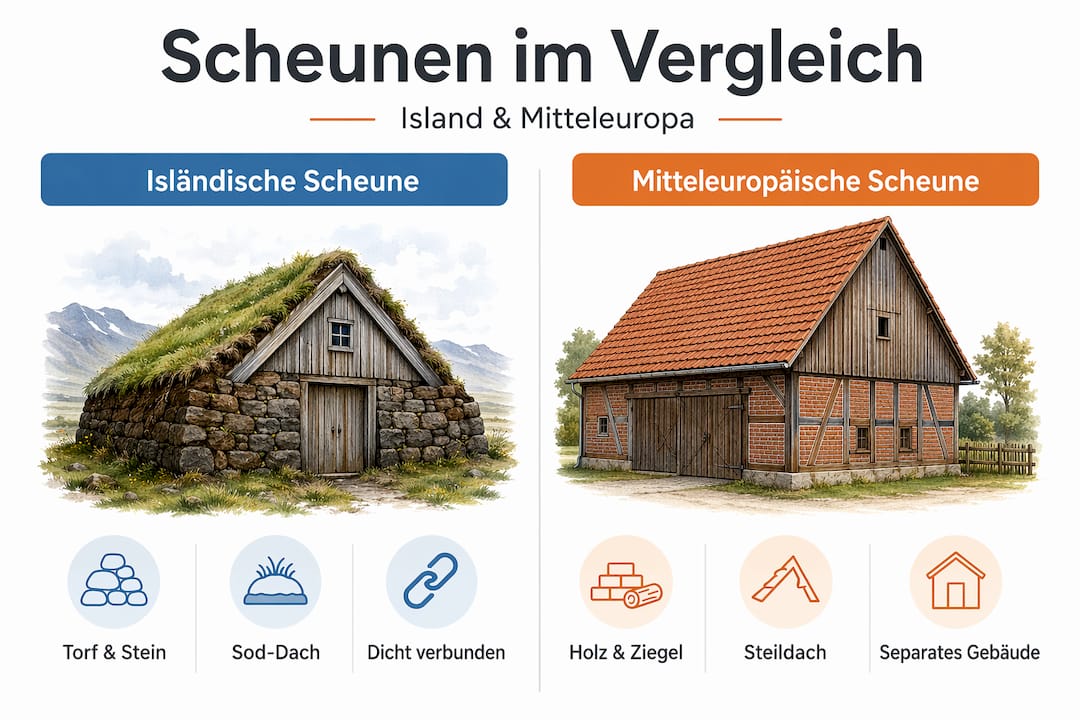 Infografik: Isländische Scheunen im Vergleich zu mitteleuropäischen Bauweisen